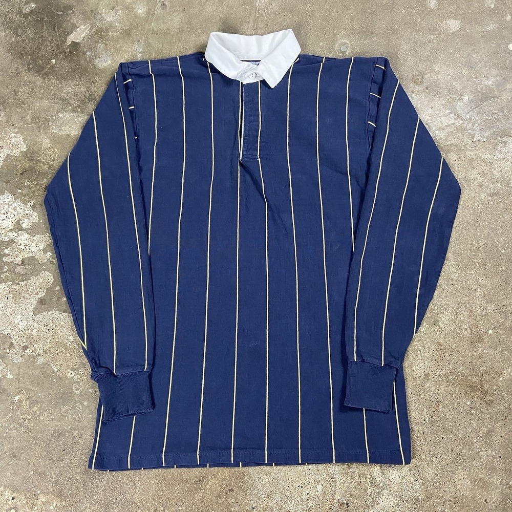 Vintage 80s Lands End Authentic Rugby Long Sleeve Size Large Blue Yellow Striped